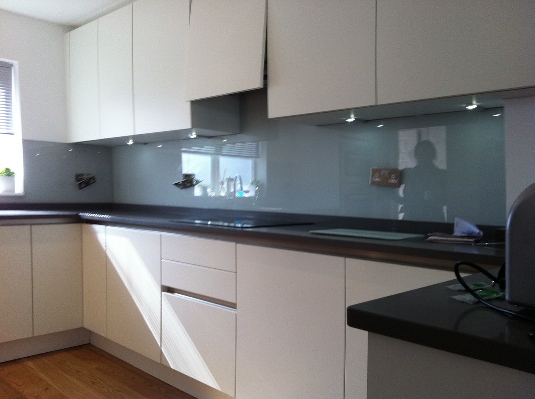 Grey glass kitchen splashback with LED lighting in Bellingham